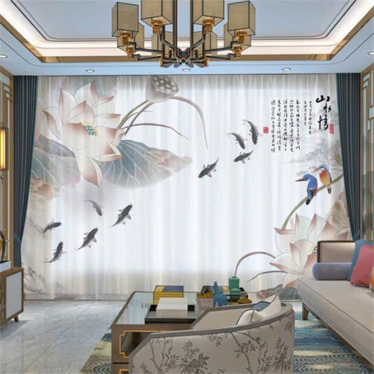 Rèm Voan In Tranh Hoa Sen Nền Nã, Sang Trọng