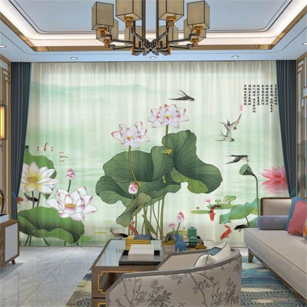Rèm Voan In Tranh Hoa Sen Nền Nã, Sang Trọng